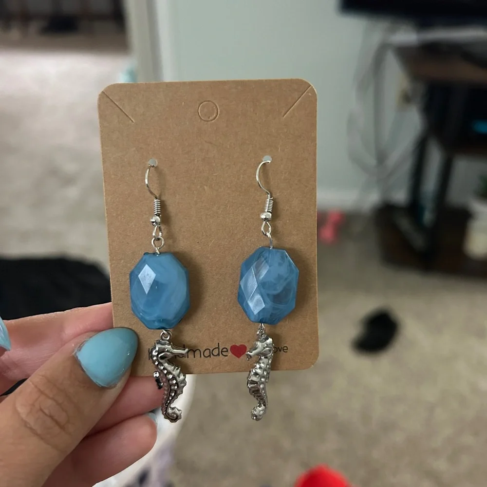 Handmade Blue Seaglass Drop Earrings with Seahorse Charm - Picture 1 of 1
